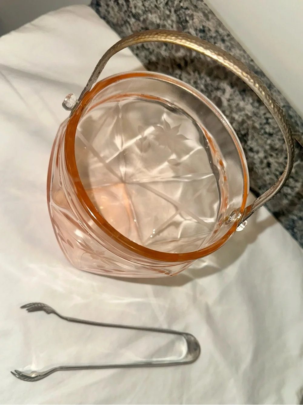 Vintage Pink Depression Glass Art Deco Ice Bucket & Tongs Set
